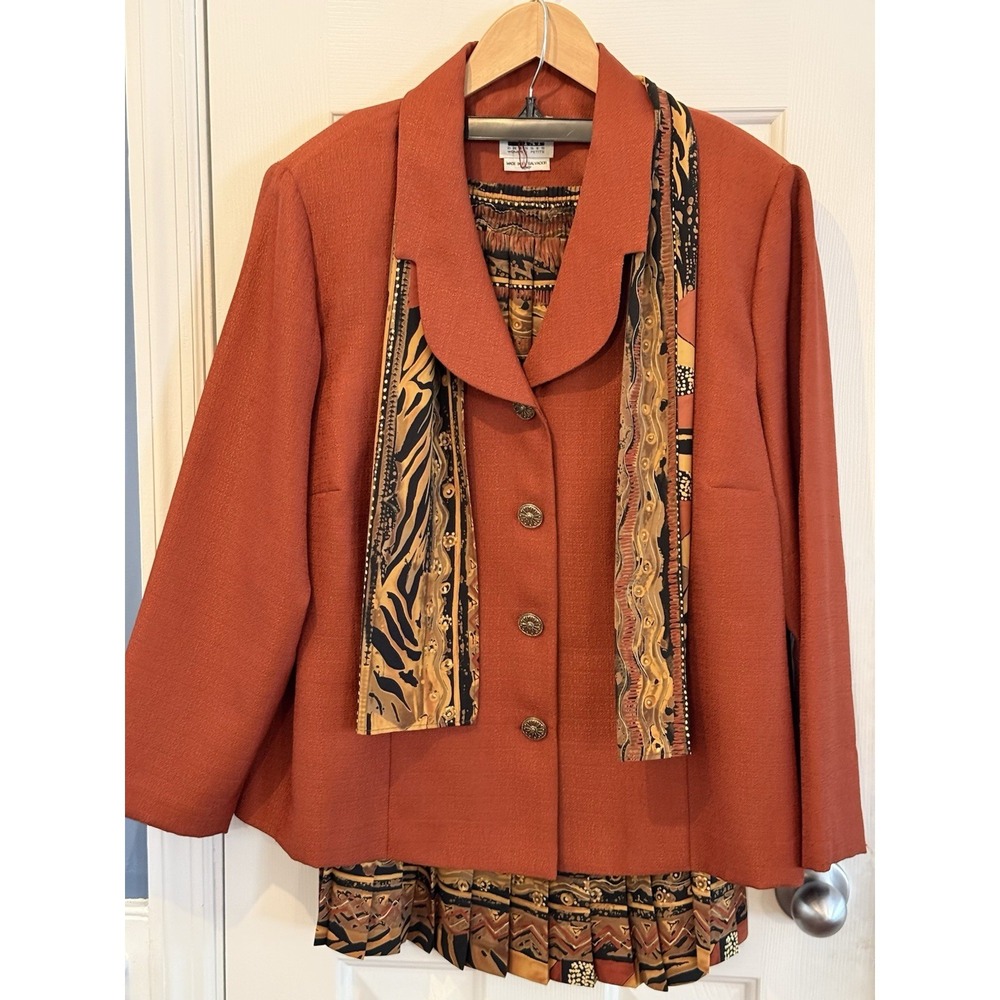 Vintage 90s Leslie Fay 2 Piece‎ Orange Tan Blazer Skirt Set Size Women's 18WP